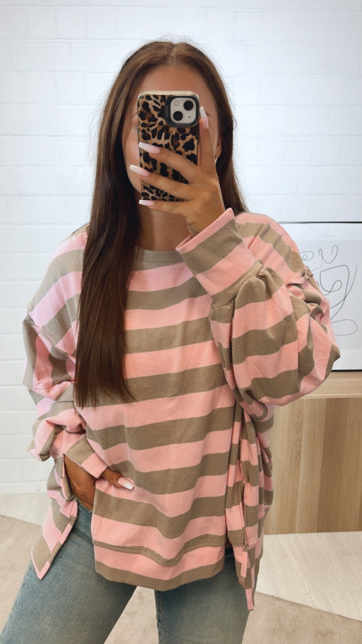 STREIFEN Sweater, Ziernähte / light taupe - rosa Art. 11153