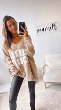 ultra oversize Strick Pullover " Amour " / camel - woll weiß Art. 122318