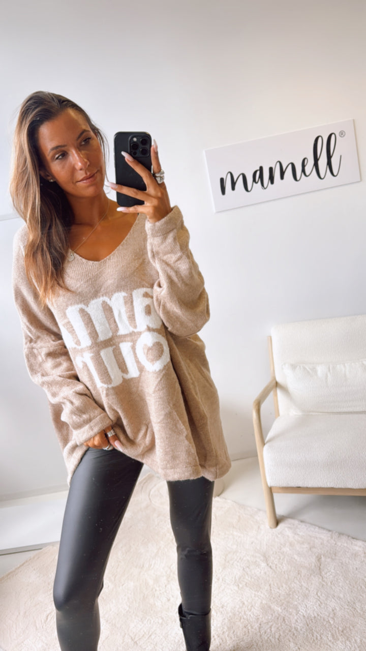 ultra oversize Strick Pullover " Amour " / camel - woll weiß Art. 122318