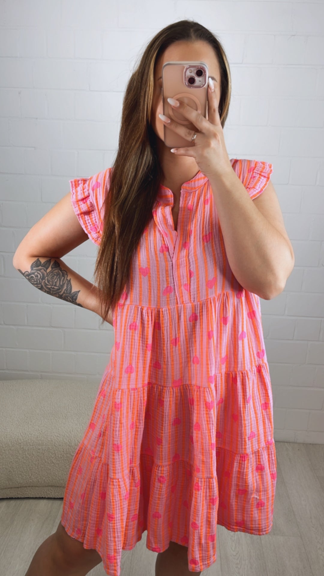 STREIFEN - HERZEN Musselin Hängerchen Kleid / rosa - neon orange - pink Art. 10098