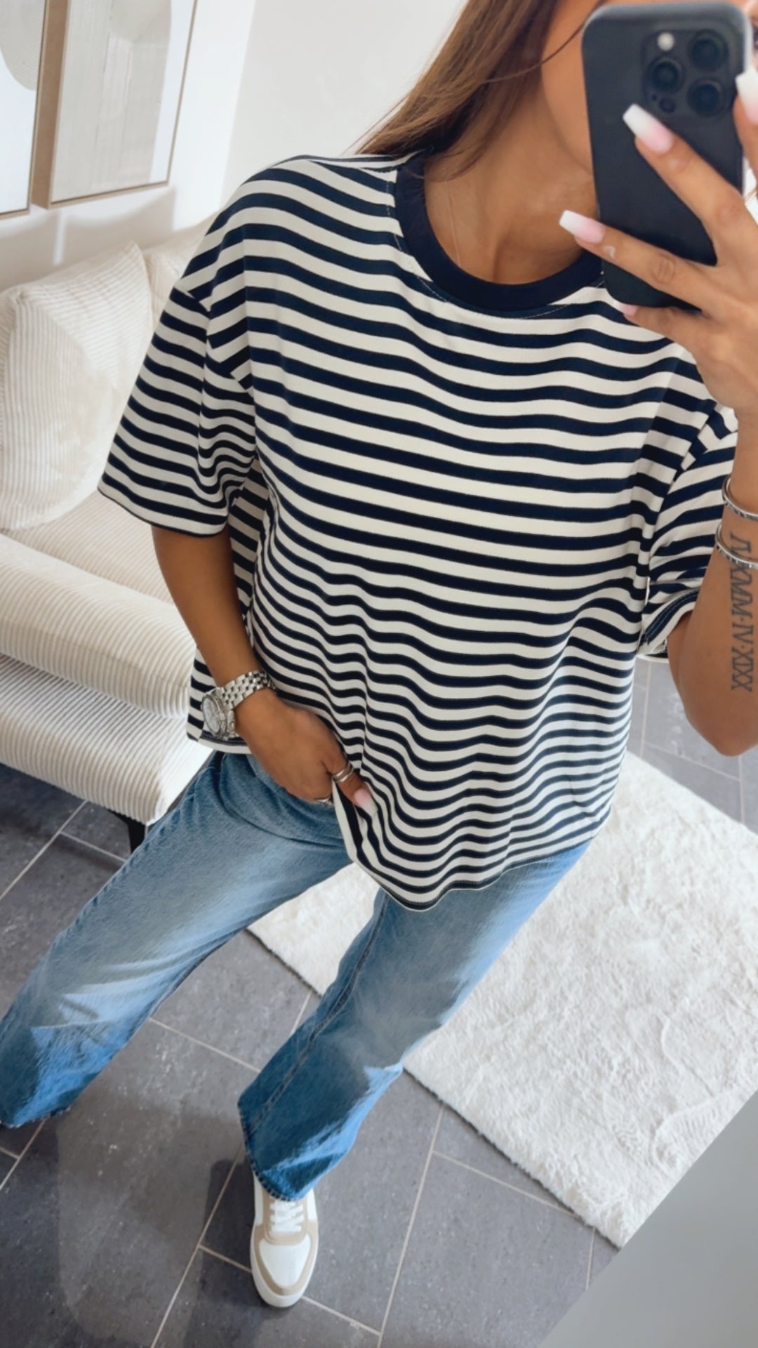 STREIFEN T-shirt mit Rundausschnitt / marine blau - weiß Art. 14539