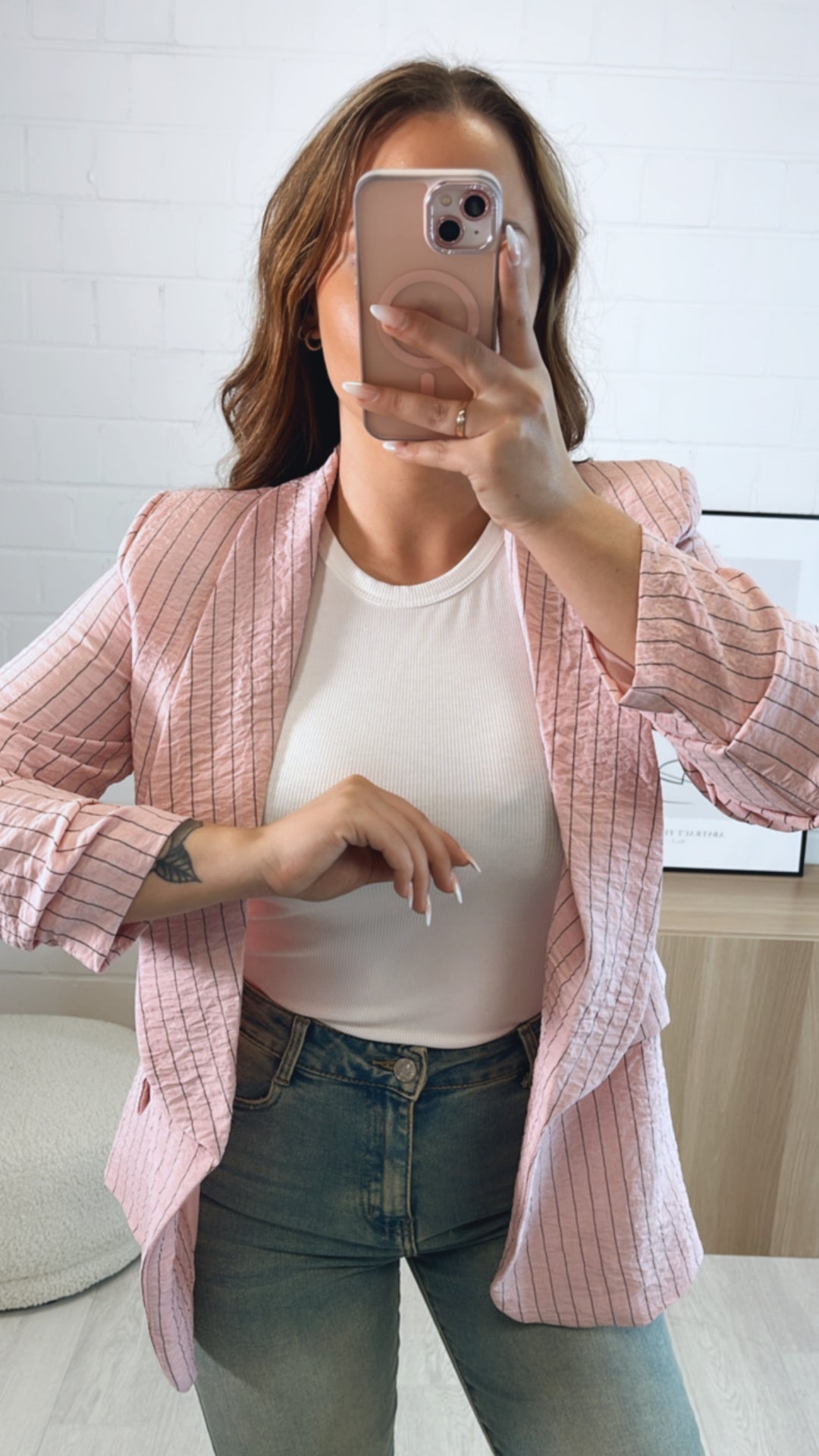 Blazer mit gerafften Ärmeln in Krepp Optik, Streifen / soft rosa - schwarz Art. 9629