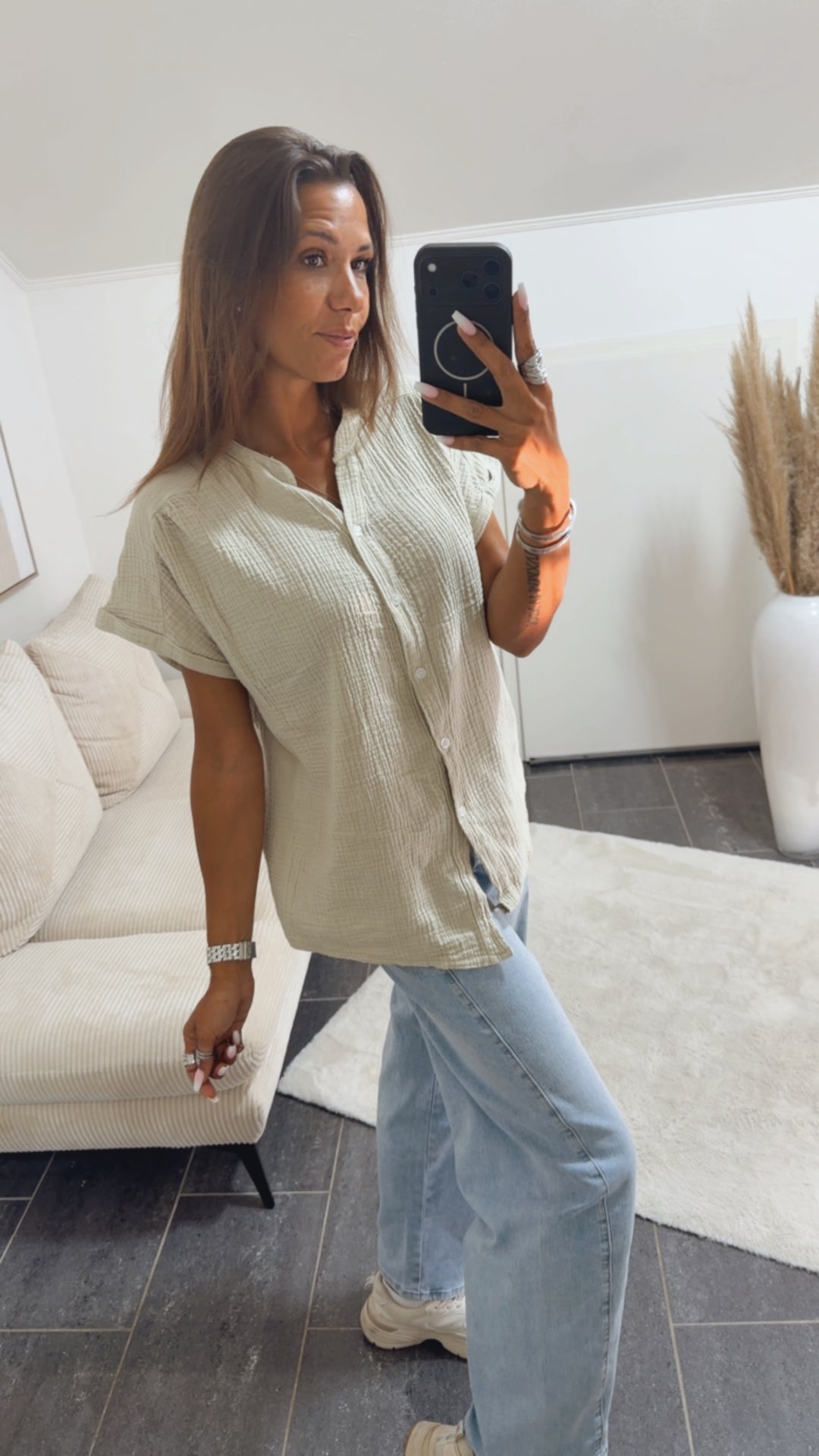 Musselin Shirt mit Knopfleiste, OHNE Kragen / beige Art. 15381