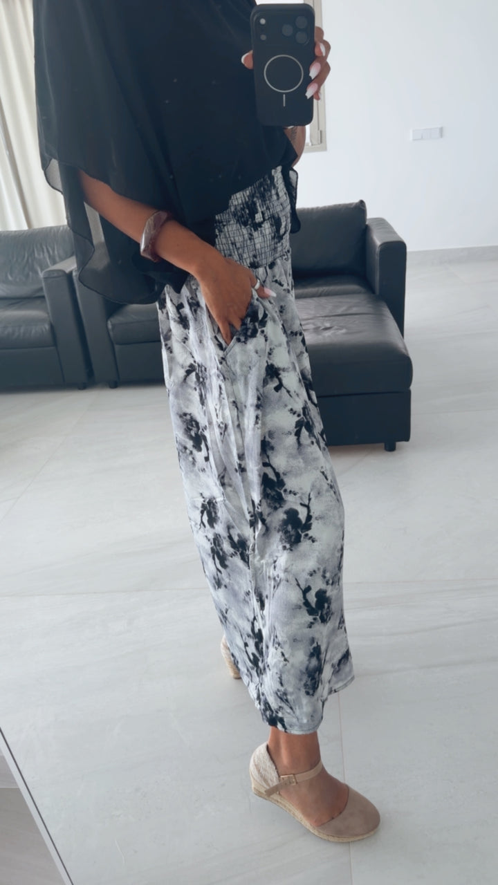 SMOK BUND Midi Palazzo Hose mit abstrakten Print / schwarz - taupe - weiss Art. 15905