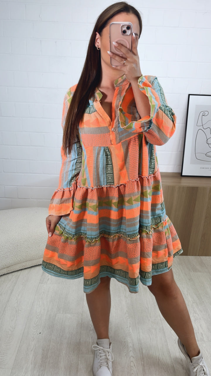 Tunika / Kleid in sommerlichem Muster und Farben / neon coral - blau - grün - taupe Art. 9529