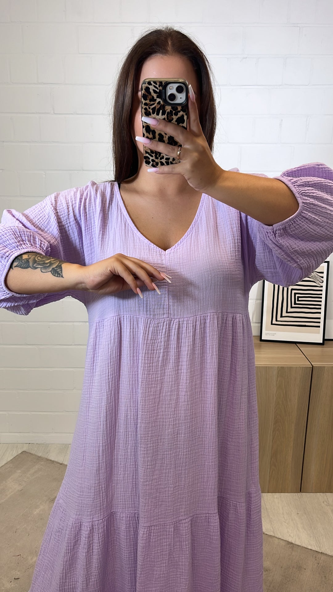 langes Musselin Kleid, Ärmel mit Gummibund / flieder Art. 11223
