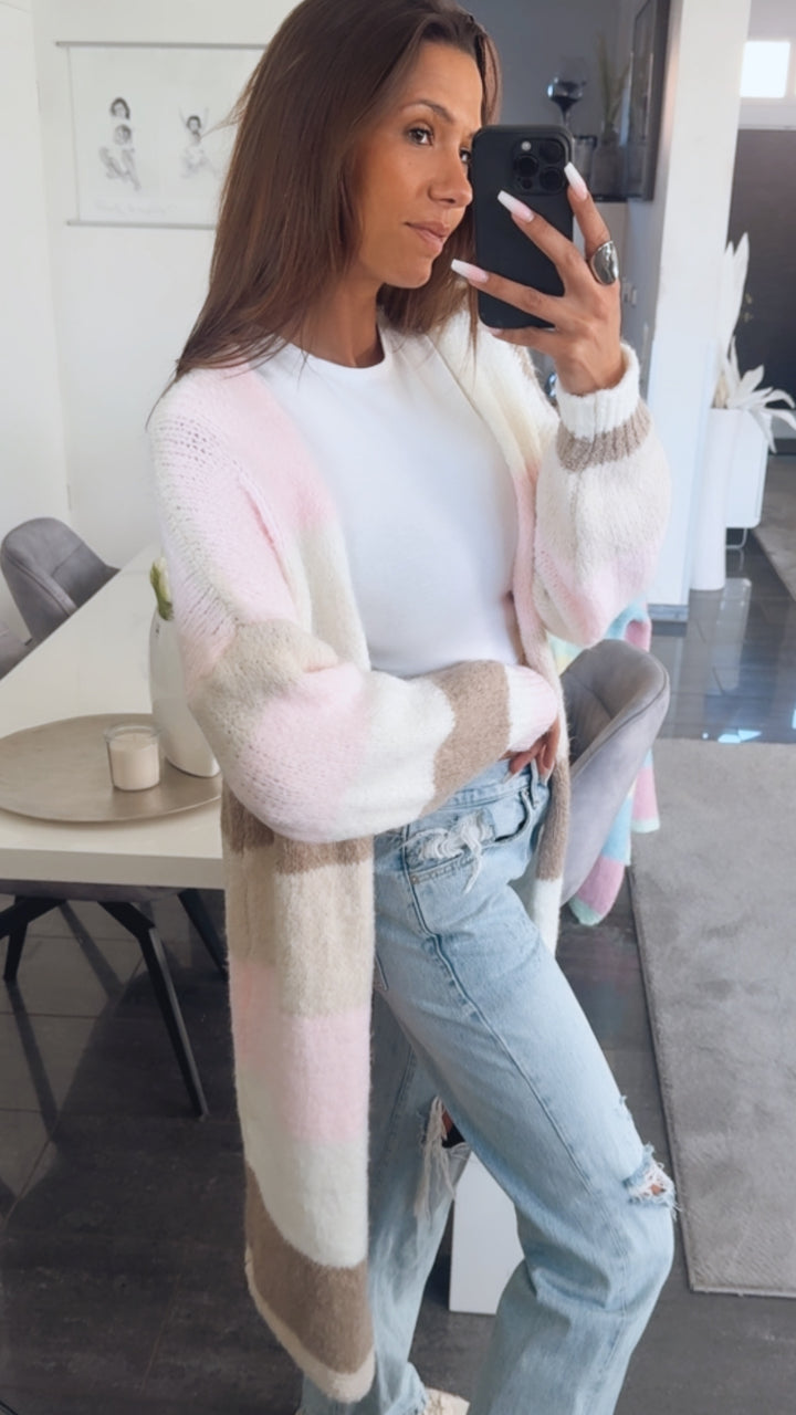 STREIFEN langer offener Cardigan / woll weiß - rosa - creme - taupe Art. 14490