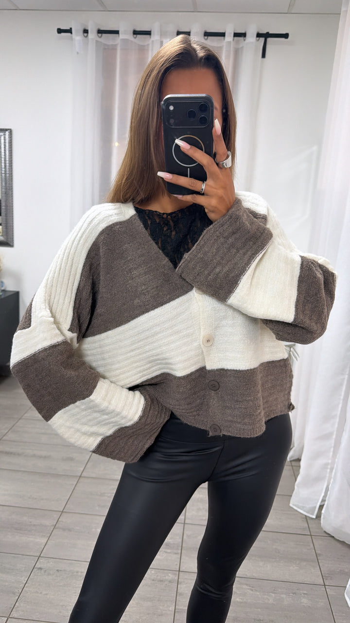 Breite Streifen Oversize Cardigan / aschiges braun - creme Art.16314