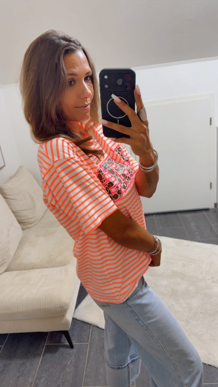 STREIFEN Shirt " Leo PARIS " / weiss - neon orange Art. 15468