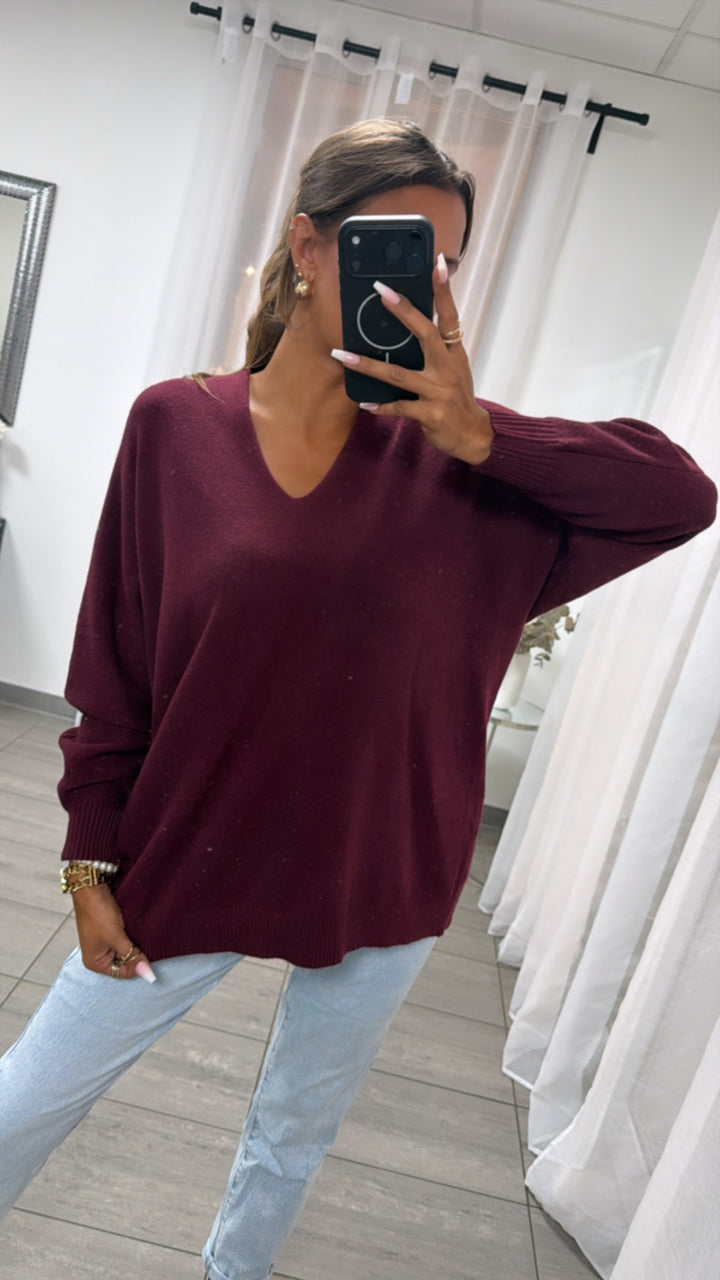 Viskose Mix Pullover mit V-Ausschnitt / burgundy Art. 16241