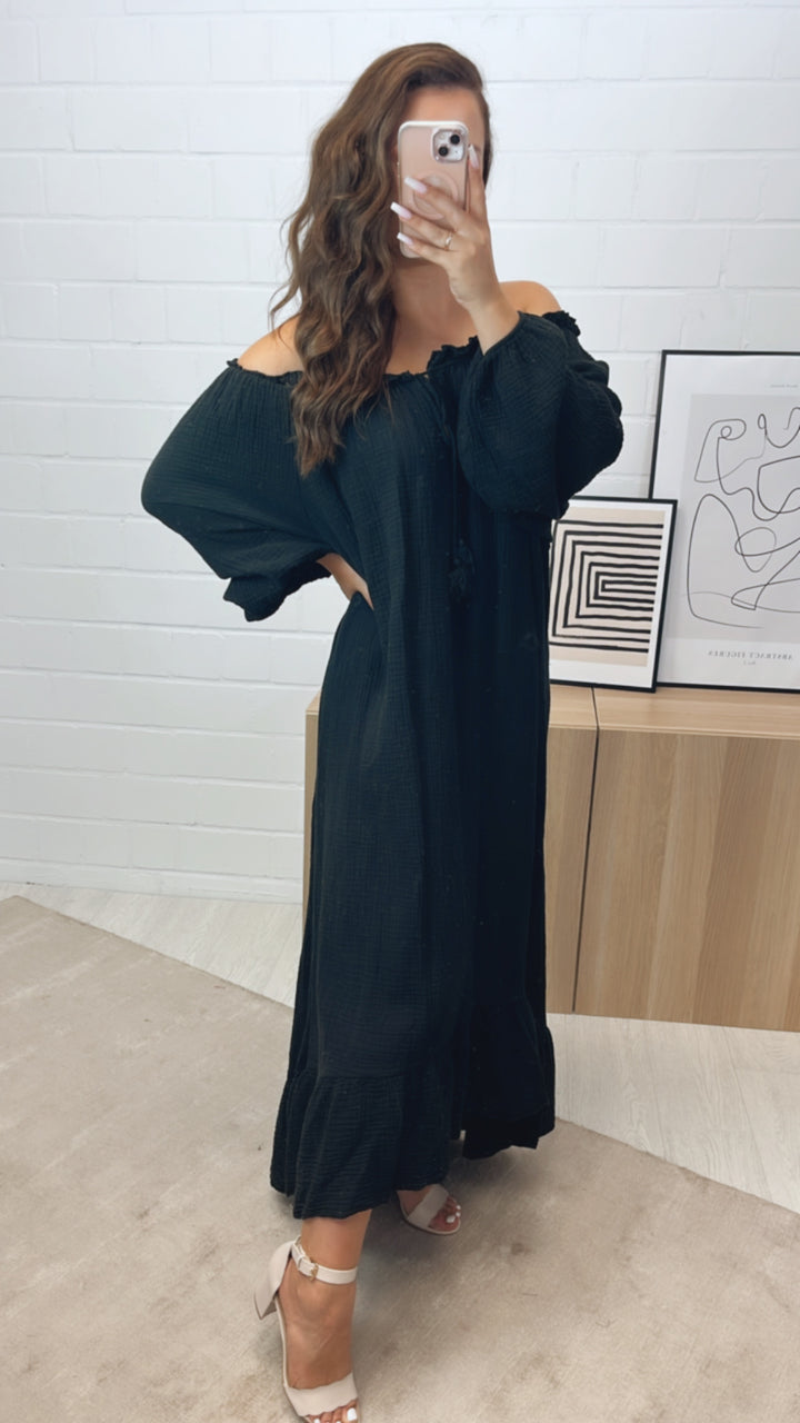 (Maxi-) Vokuhila Musselin Kleid / schwarz Art. 10616