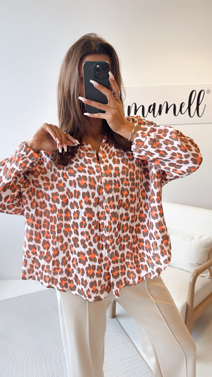KURZE Oversize Musselin Bluse / Leo wollweiss - braun - orange Art. 8479