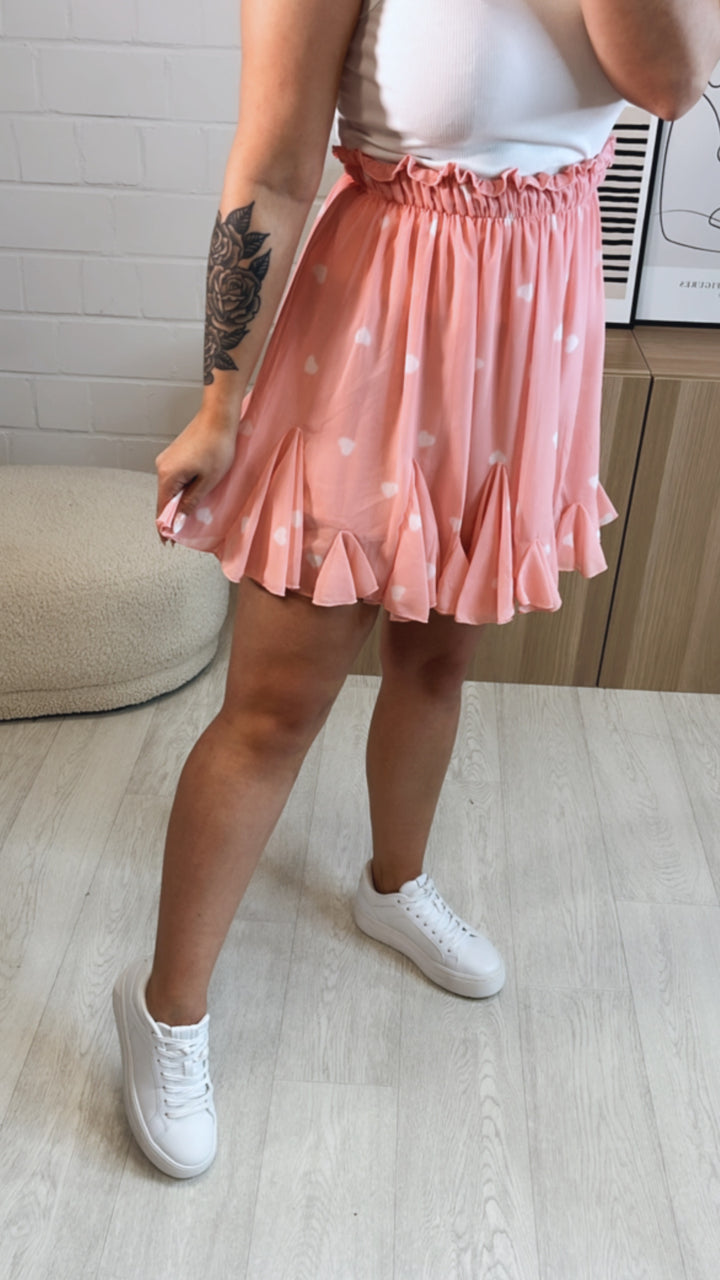 ANGEBOT leichter Rock mit Volant, Herzen / lachs pink - weiss Art. 9596
