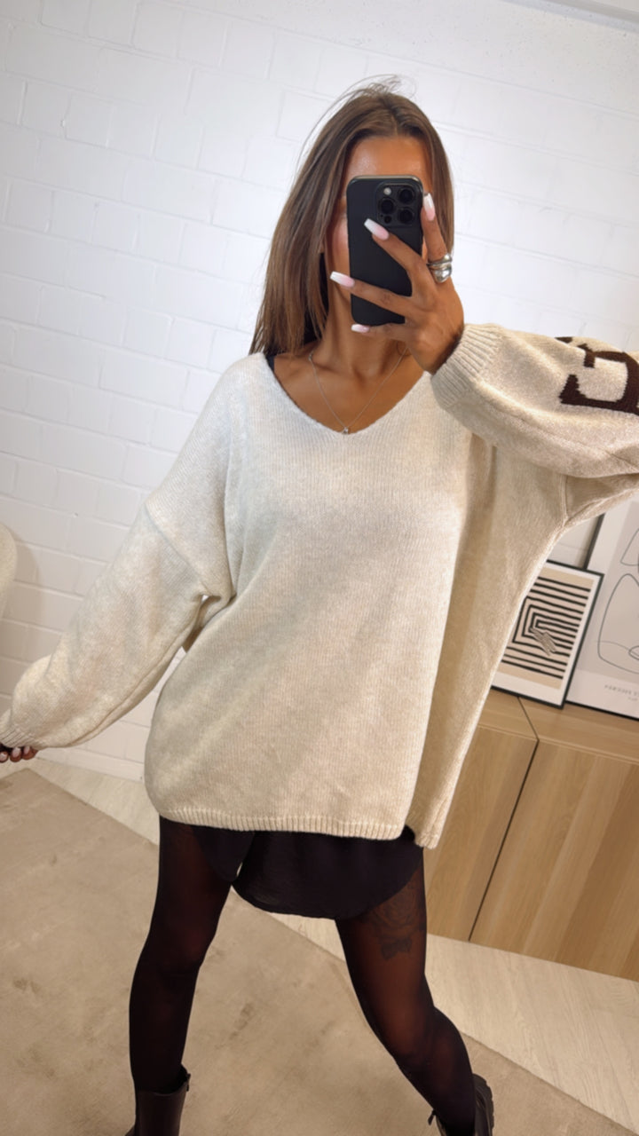 Strick Pullover "Namaste" / <b>beige</b> - braun Art. 12304