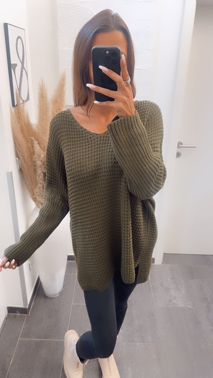 grober Strick Pullover, engere Ärmel, V-Ausschnitt / khaki Art. 7561