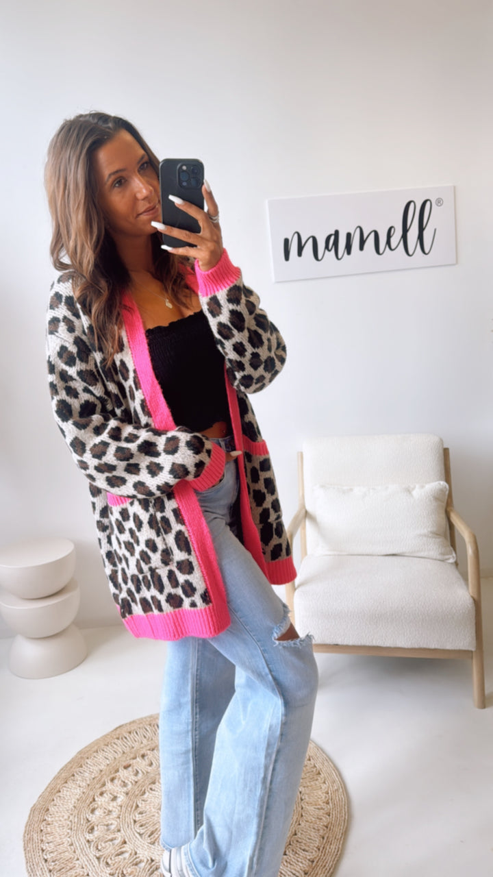 LEO mittellang geschnittener Cardigan / grau - braun - schwarz - neon pink Art. 10823