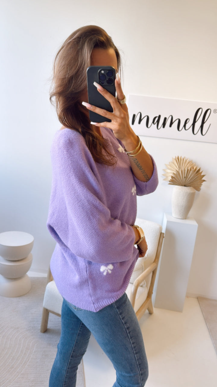 Pullover mit Schleifen, 3/4 - Ärmel / lila - weiß Art. 9221