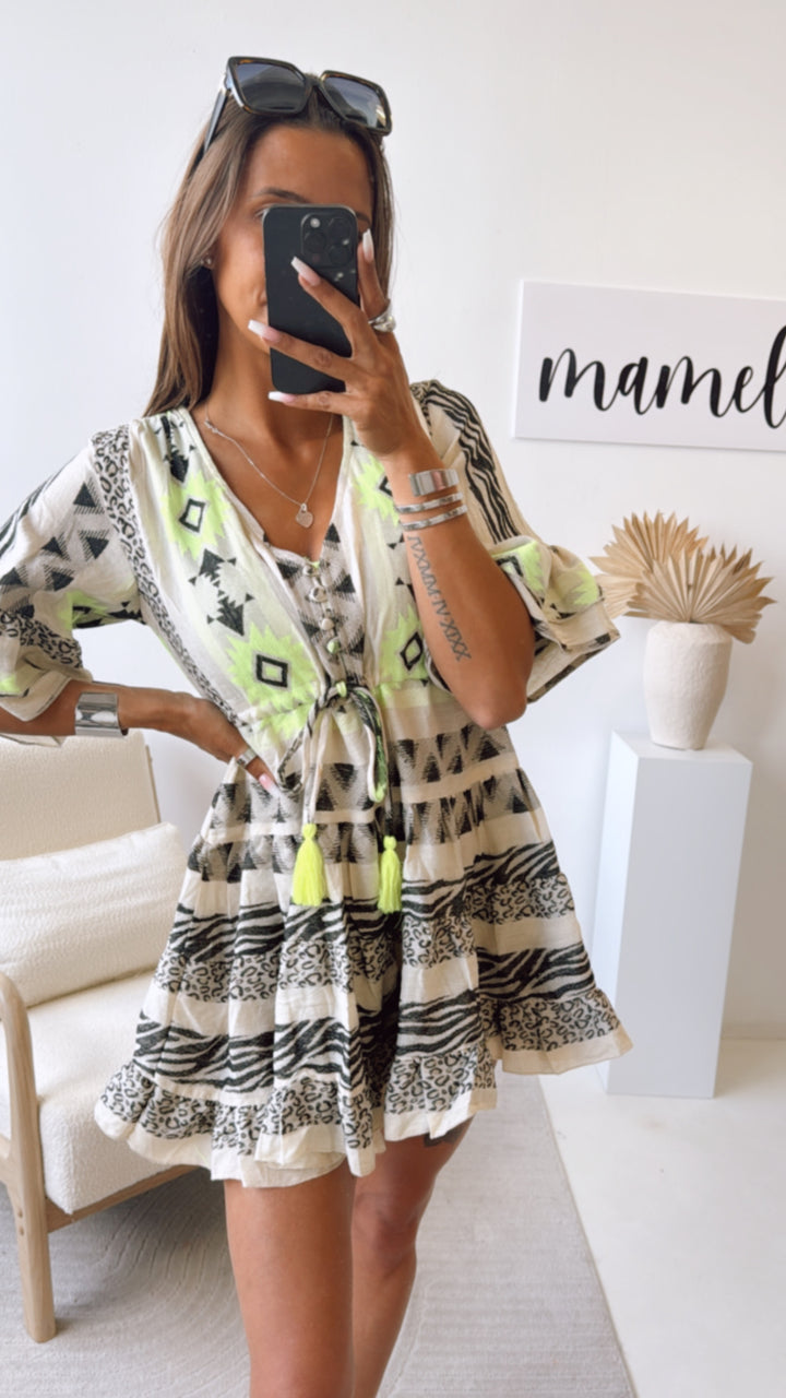 KURZES PREMIUM Tunika Kleid mit Muster / beige - schwarz - neon gelb Art. 9817
