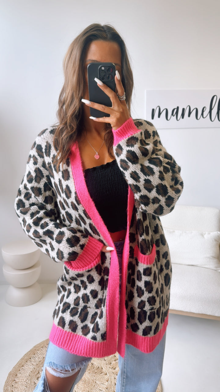 LEO mittellang geschnittener Cardigan / grau - braun - schwarz - neon pink Art. 10823