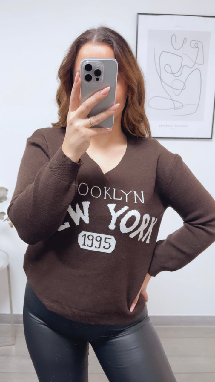 weicher Strick Pullover " New York " / Schoko braun - weiss Art. 13145