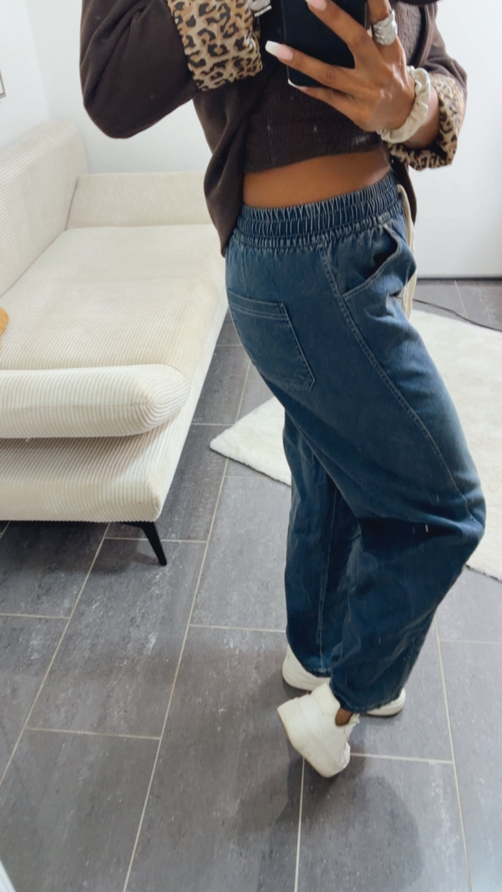 Casual Denim Look  Hose, Tunnelzug " 9985 " / DUNKEL denim blau Art. 16106
