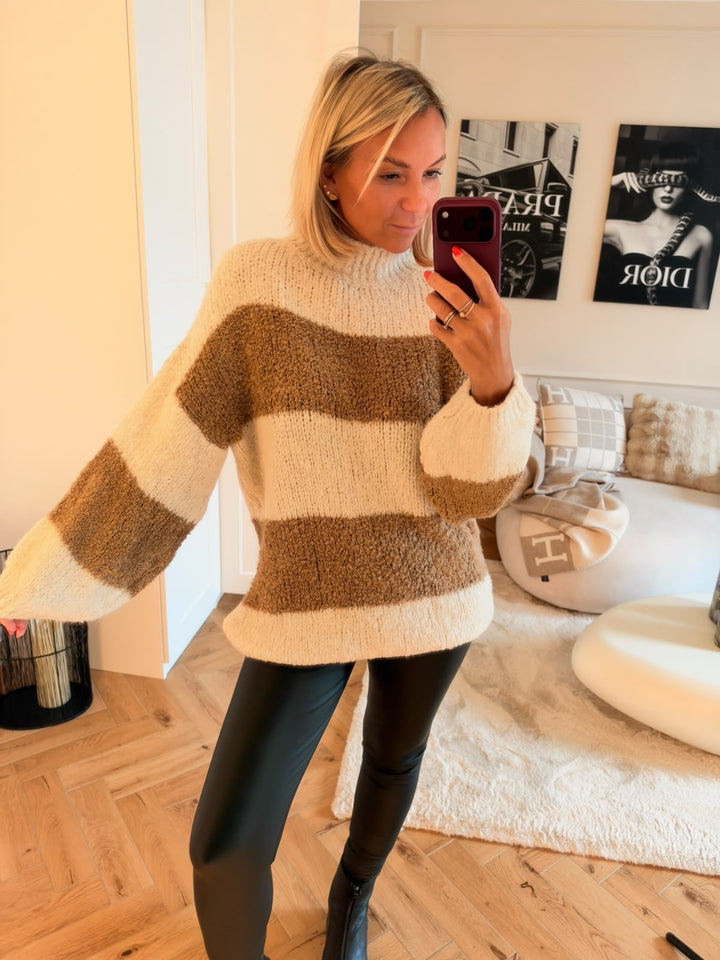 STREIFEN Bouclé Long Pullover, Stehkragen / creme - camel Art. 16623