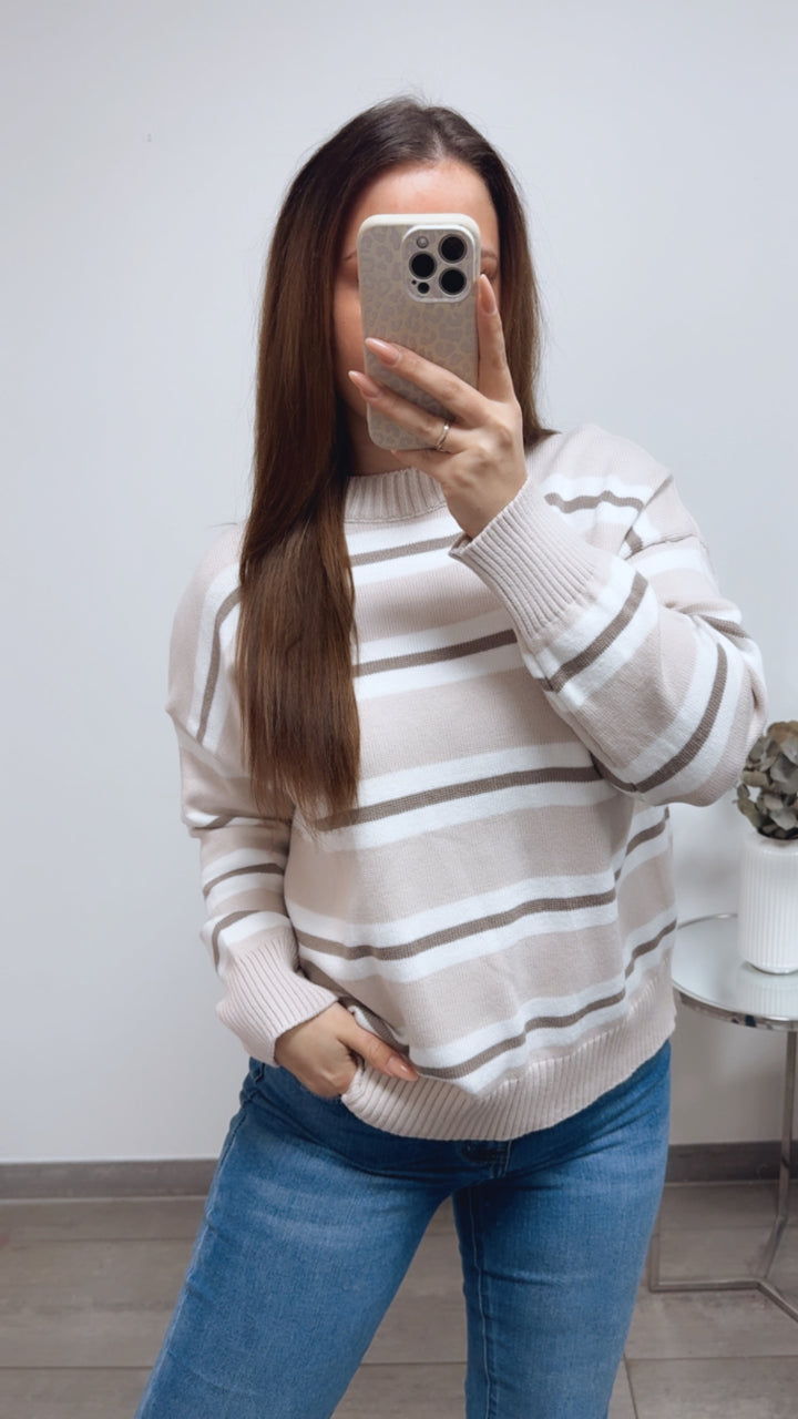 dreifarbiger, gestreifter Pullover / creme - taupe - weiss Art. 13828