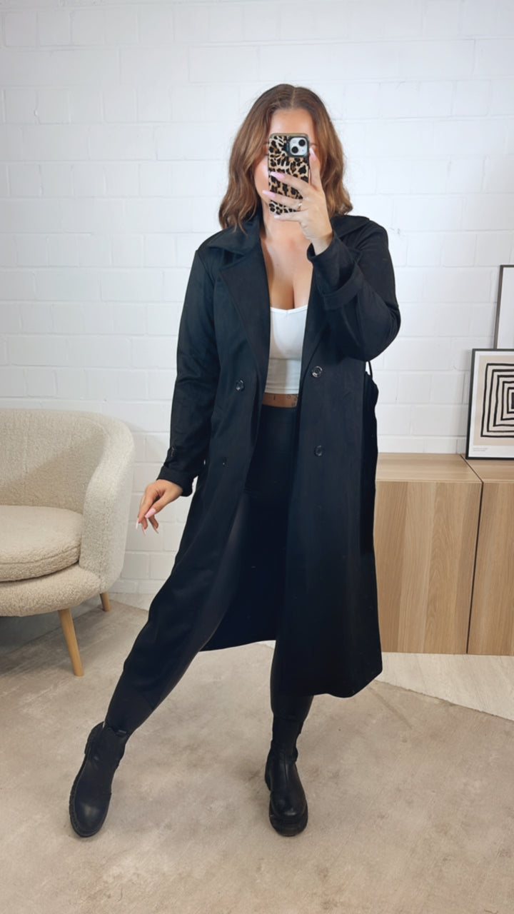 VELOURS Trenchcoat Mantel mit KNÖPFEN / schwarz Art. 12604
