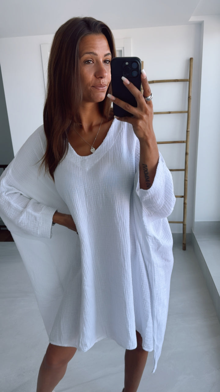 Musselin Ultra Vokuhila Long Bluse / weiss Art. 9777