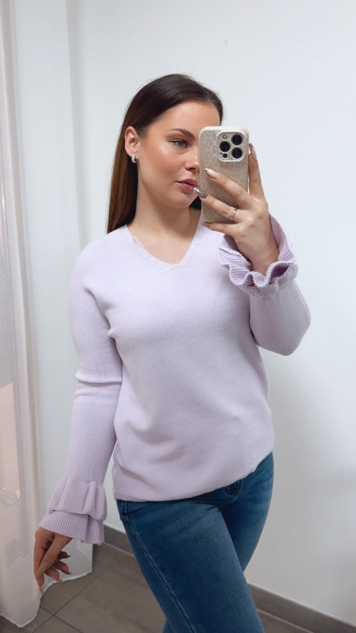 RÜSCHENÄRMEL Leichter Strickpullover mit V-Ausschnitt / soft flieder Art. 14325