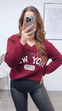 weicher Strick Pullover " New York " / bordeaux rot - weiss Art. 13146