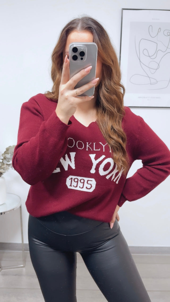 weicher Strick Pullover " New York " / bordeaux rot - weiss Art. 13146