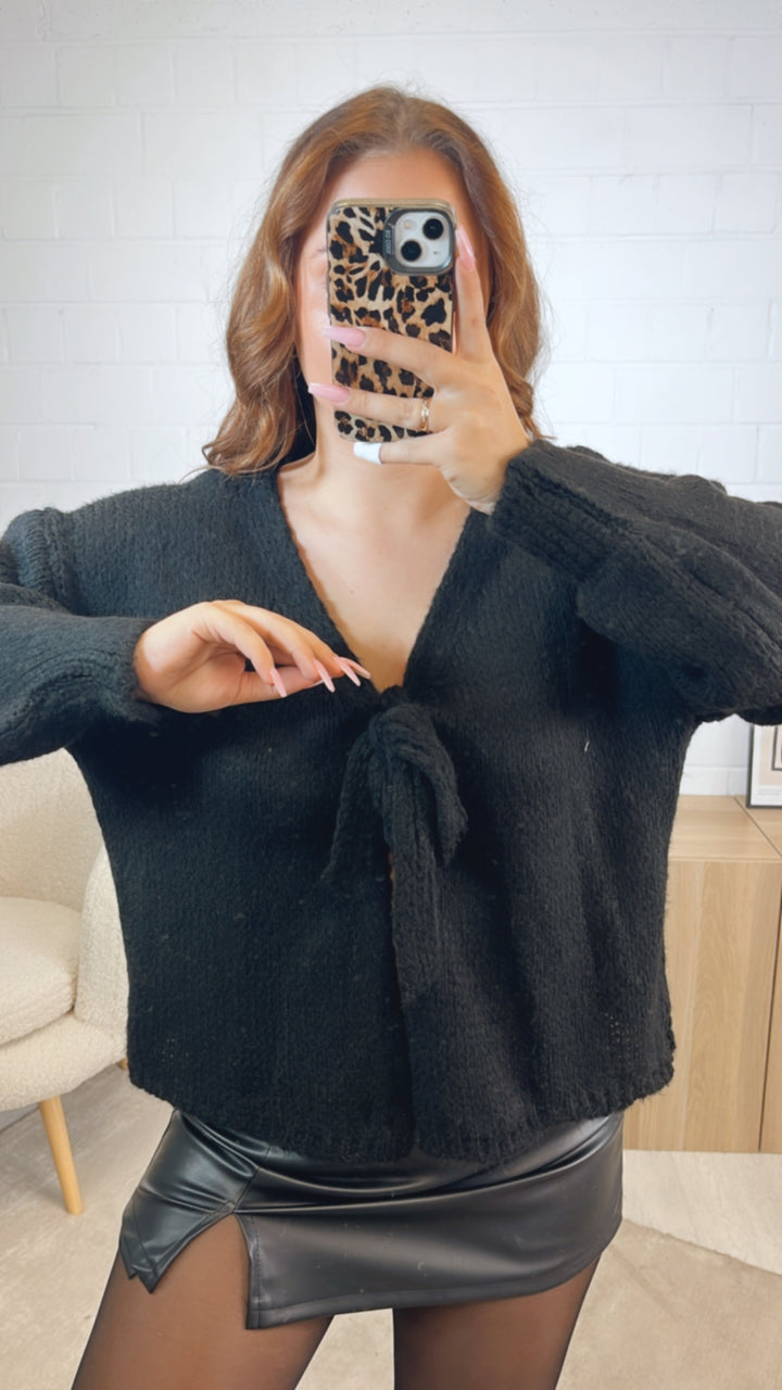 schlichter Strick Cardigan mit einer Schleife / schwarz Art. 12613