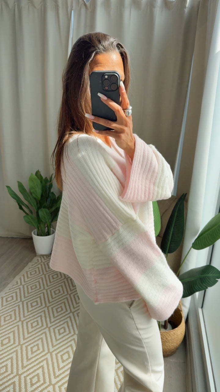 STREIFEN weiter, offener Cardigan / creme weiss - soft rosa Art. 14655