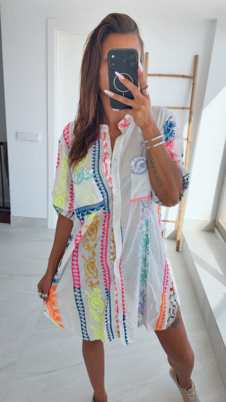 Ethno Muster/ Leichte Boho-Blusenkleid-Tunika mit Neon-Stickerei / Weiß Art.15111