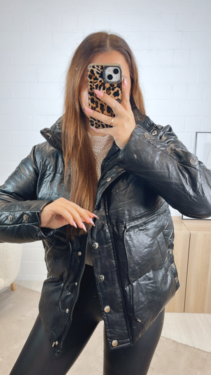 Lederimitat Jacke mit Knopfleiste, Reißverschluss / schwarz Art. 12866