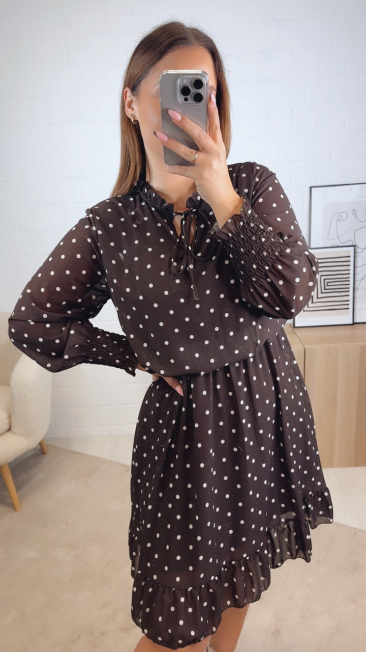 PUNKTE Kleid mit Gummibund im Taillenbereich / dunkel braun - weiß Art. 12956