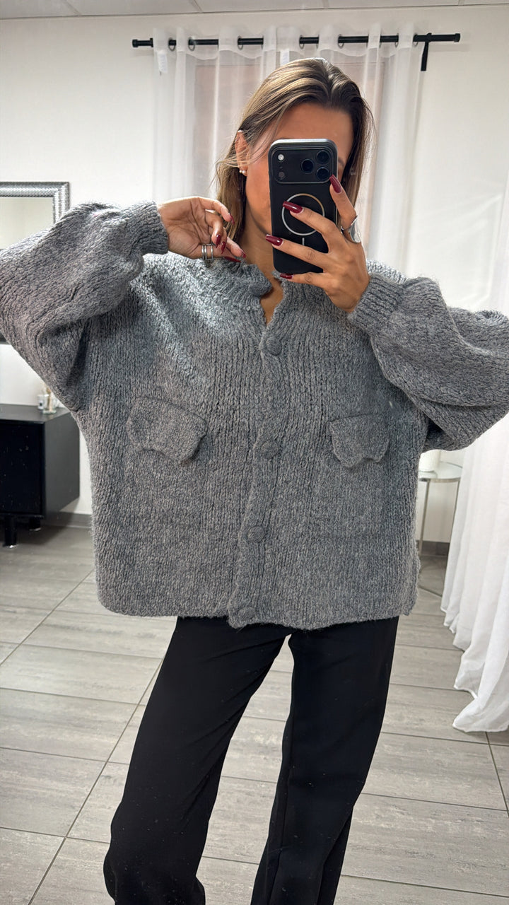 Oversize Strick Cardigan mit Taschen, Strick Knöpfe / dunkel grau Art. 16454