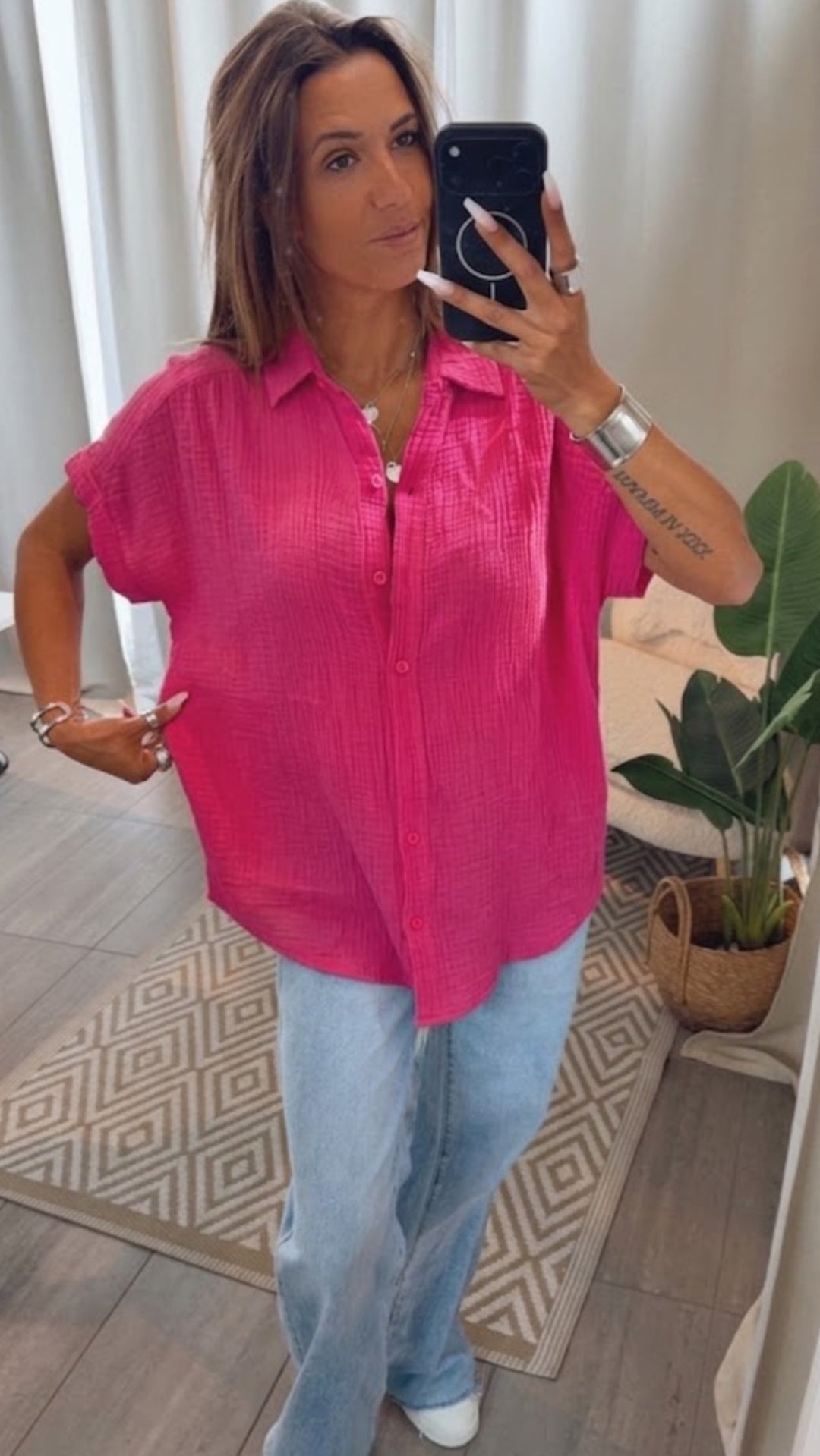 Oversize Musselin Bluse mit T-Shirt Ärmeln / pink Art. 15243