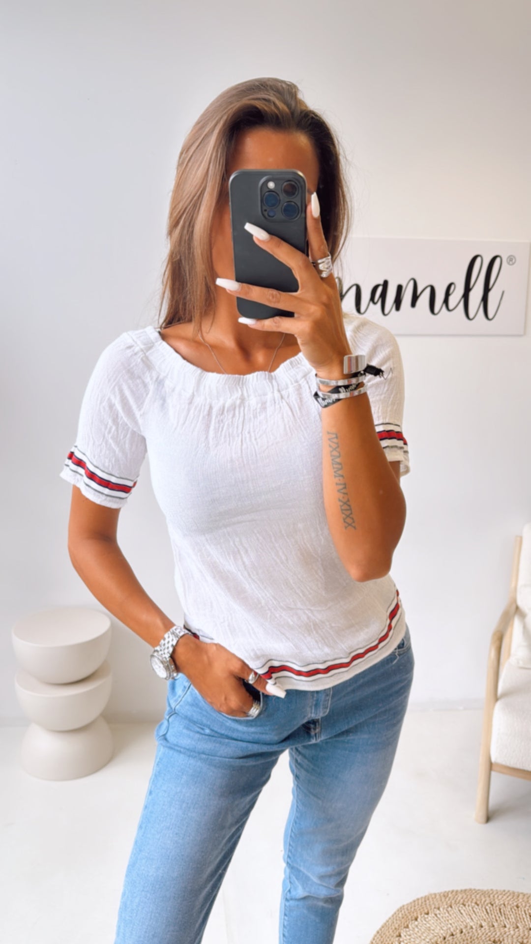 Off - Shoulder Baumwoll Oberteil, Streifen / weiss Art. 10523