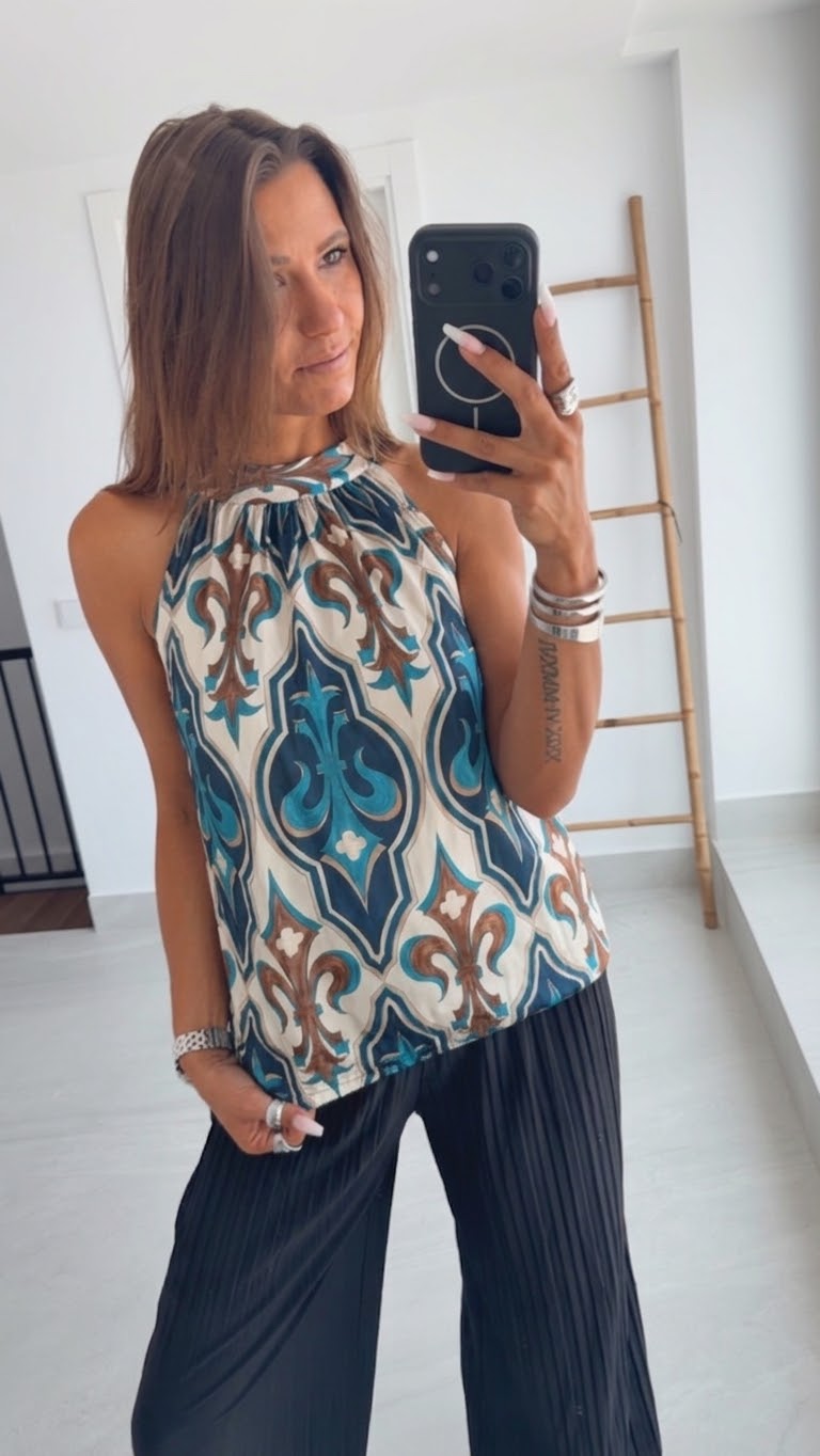 EDLE LILIE ärmelloses Top / blau - petrol - creme - braun Art. 15321