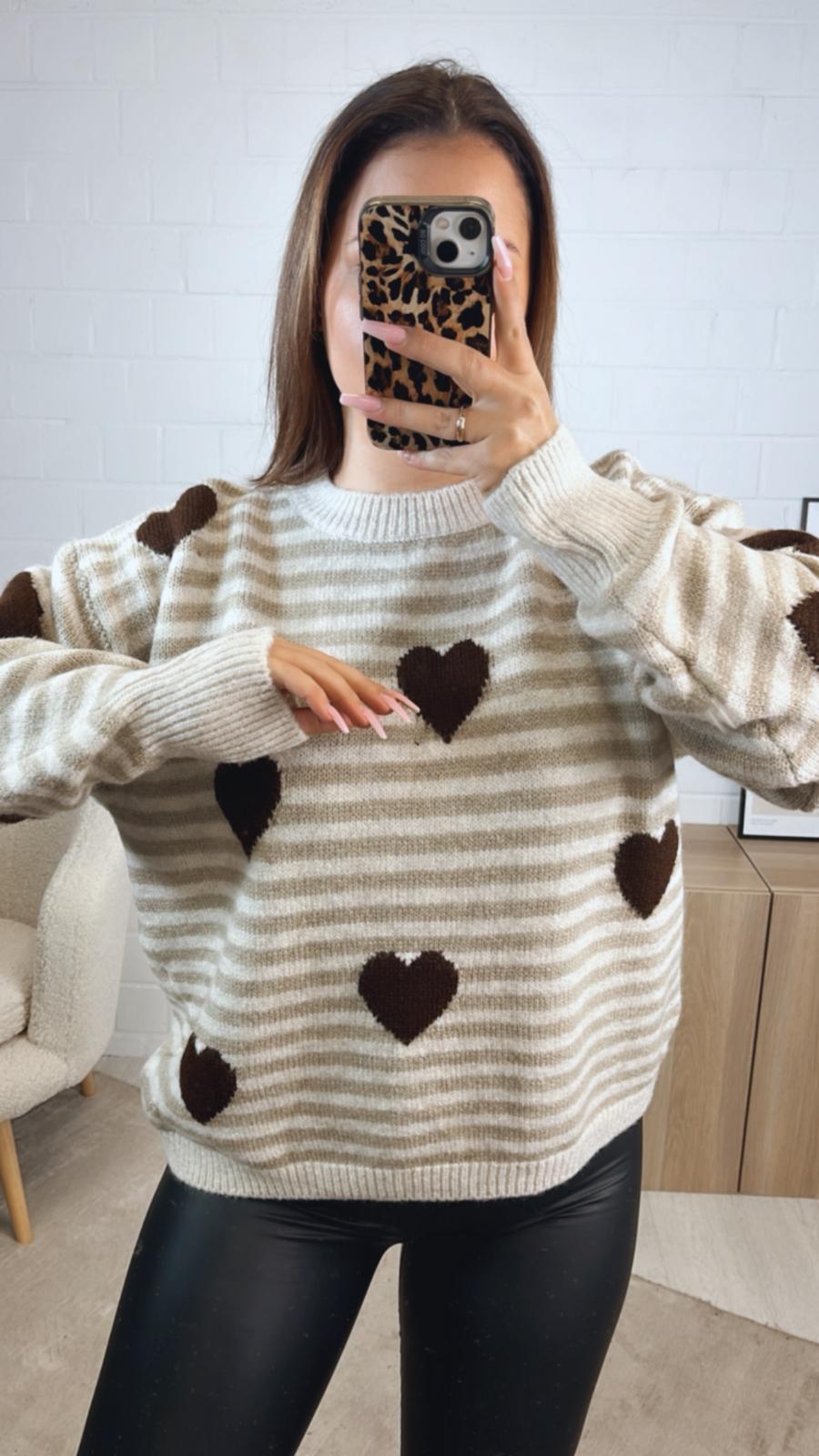 STREIFEN - HERZEN Strick Pullover / beige - schoko braun - creme Art.