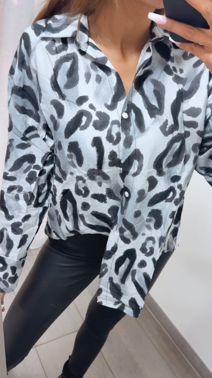 LEO Viskose - Leinen Bluse / grau - schwarz Art. 14019