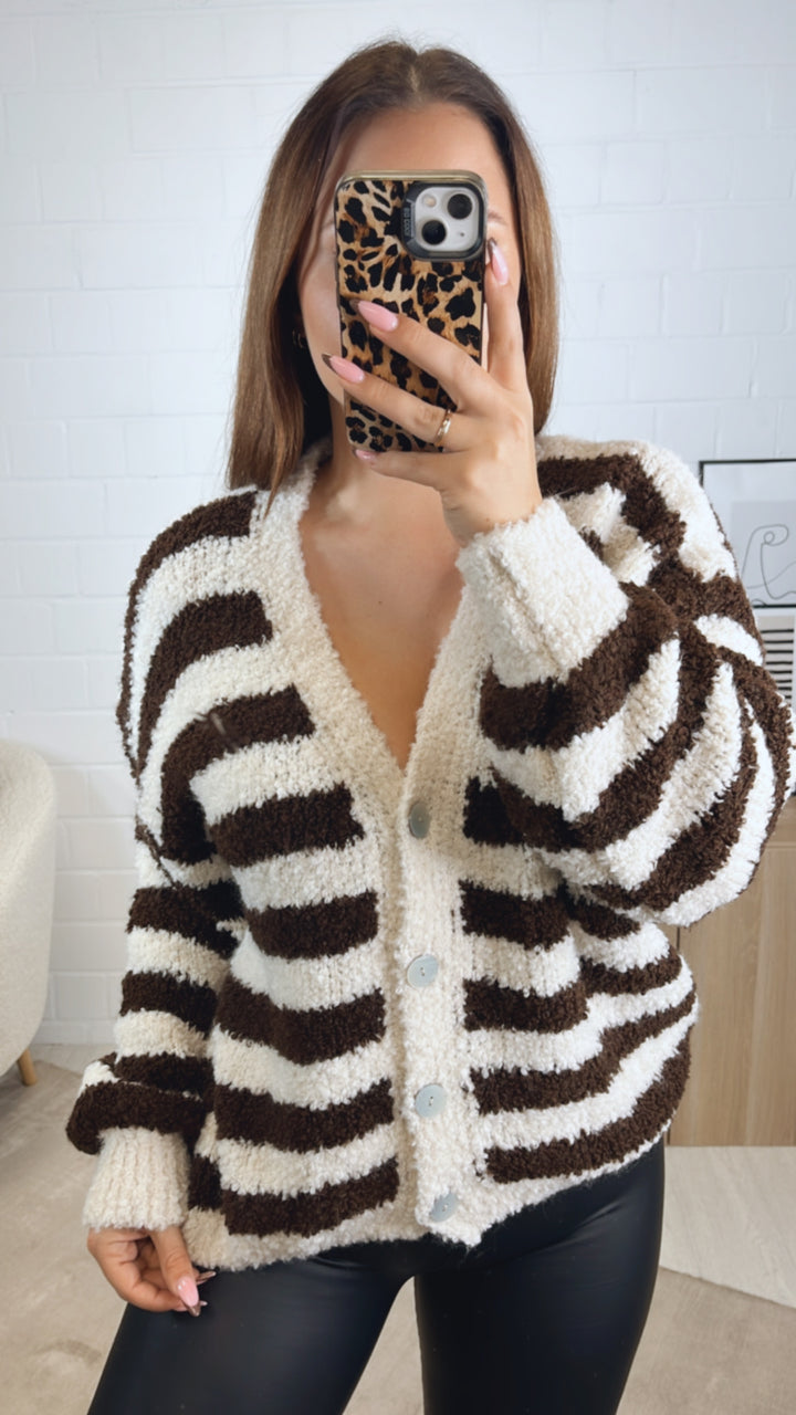 TEDDY STREIFEN Cardigan mit Perlmutt Knöpfen / weiss - Schoko braun Art. 13014