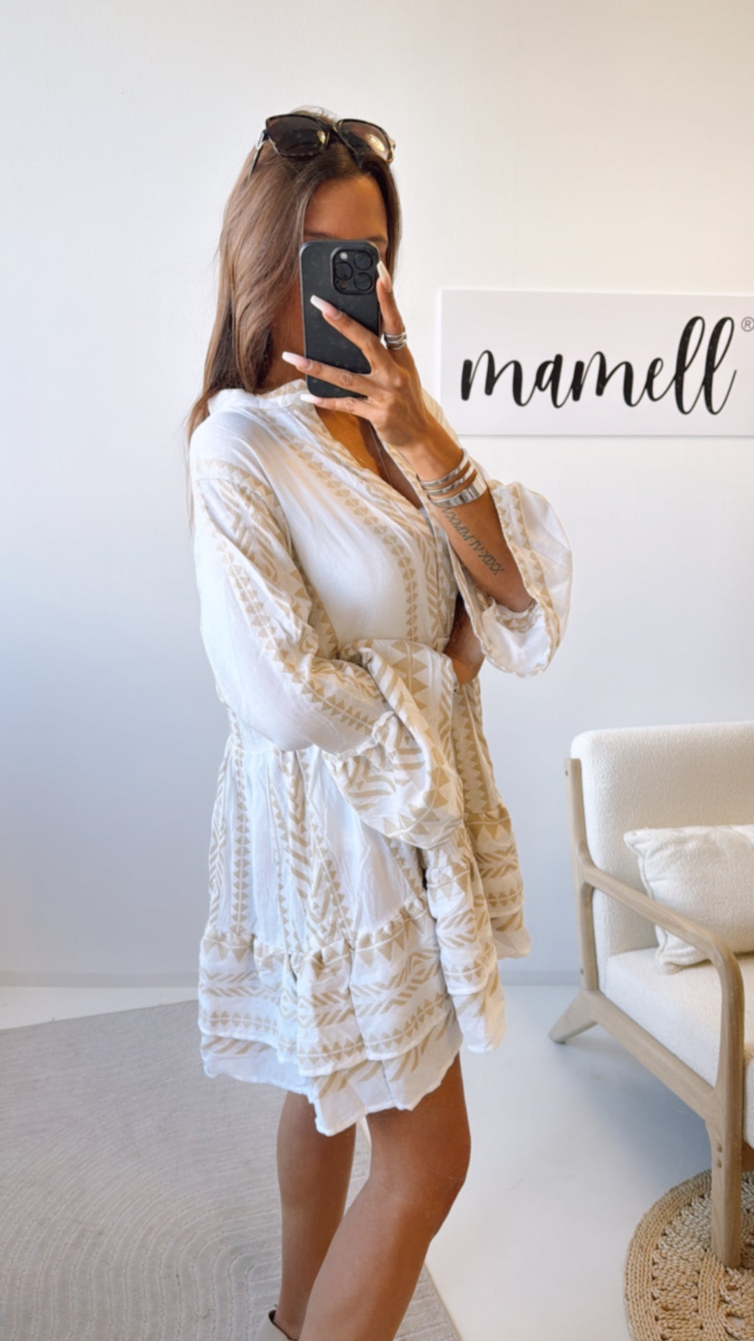 PREMIUM Tunika Kleid mit Muster / weiss - beige Art. 9341