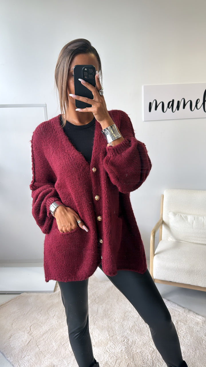 V-AUSSCHNITT Kuschel Cardigan mit goldenen Knöpfen und Taschen / bordeaux rot Art.122322
