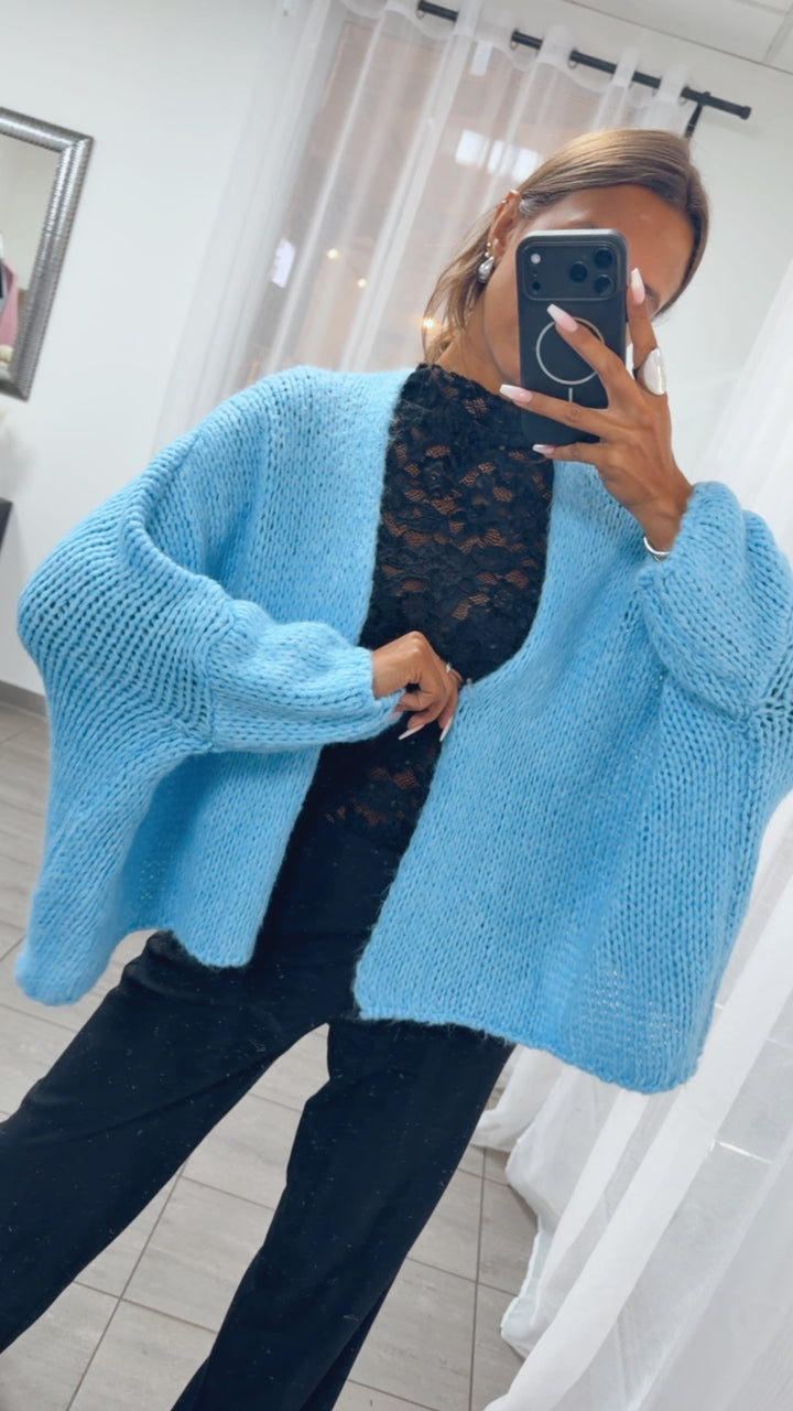 Oversize Strick Cardigan mit 3/4 -  Fledermausärmeln, offen / hell blau Art. 16218