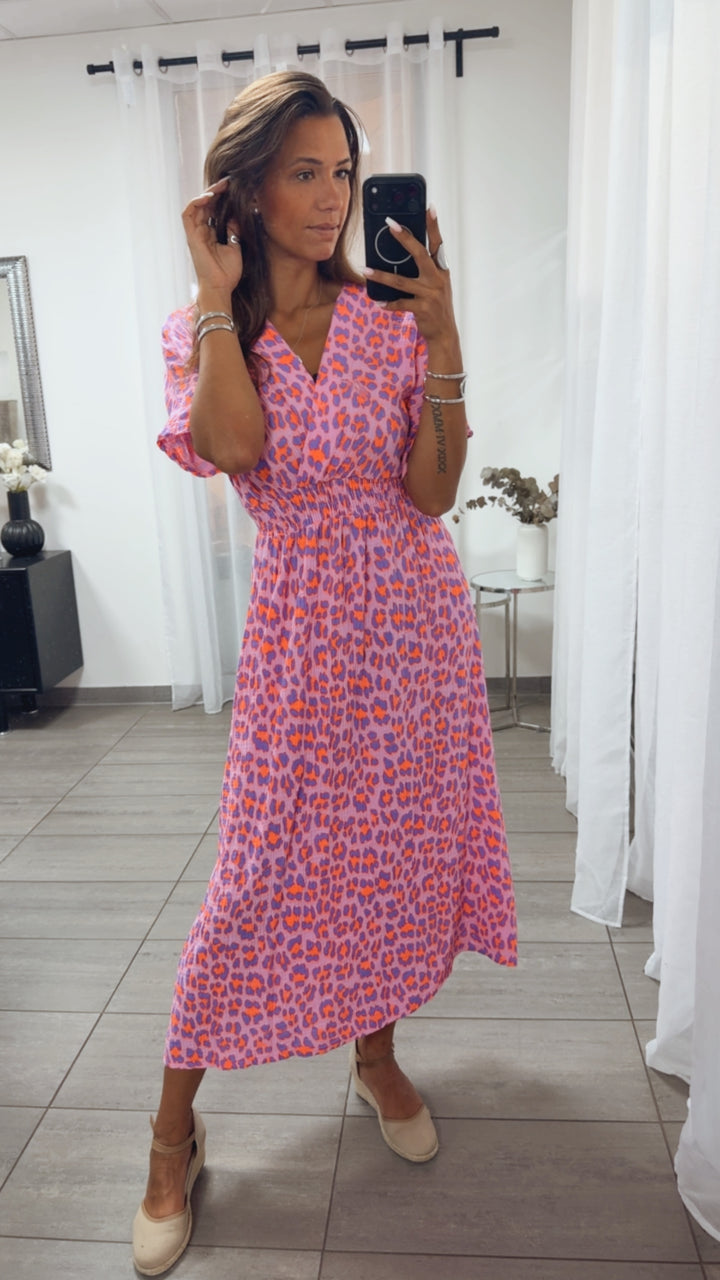 LEO Musselin Midi Sommerkleid, geraffte Taille / Beere - lila - Neon orange Art. 15447