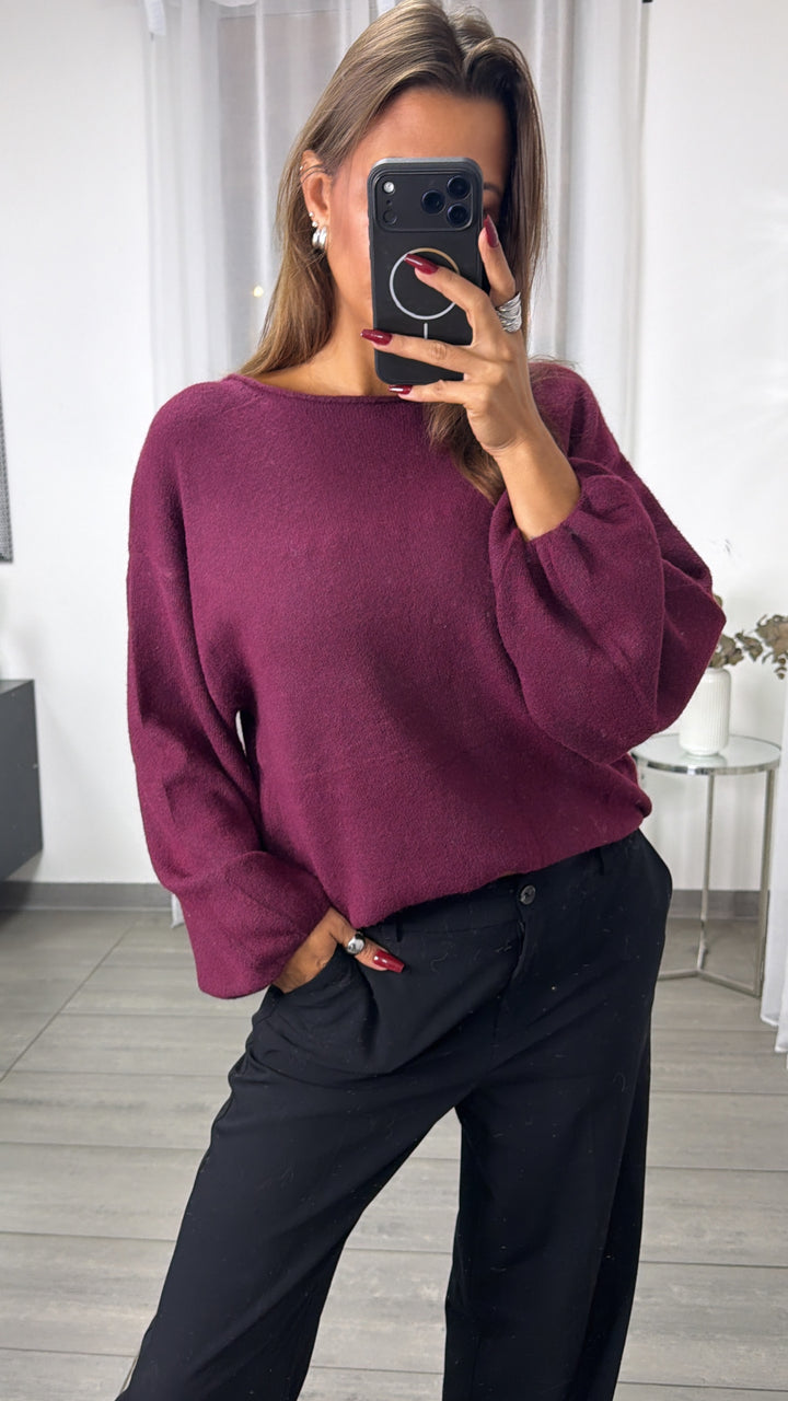 Pullover mit engerem, elastischen Saum, breiter Rundausschnitt / bordeaux rot Art. 16409
