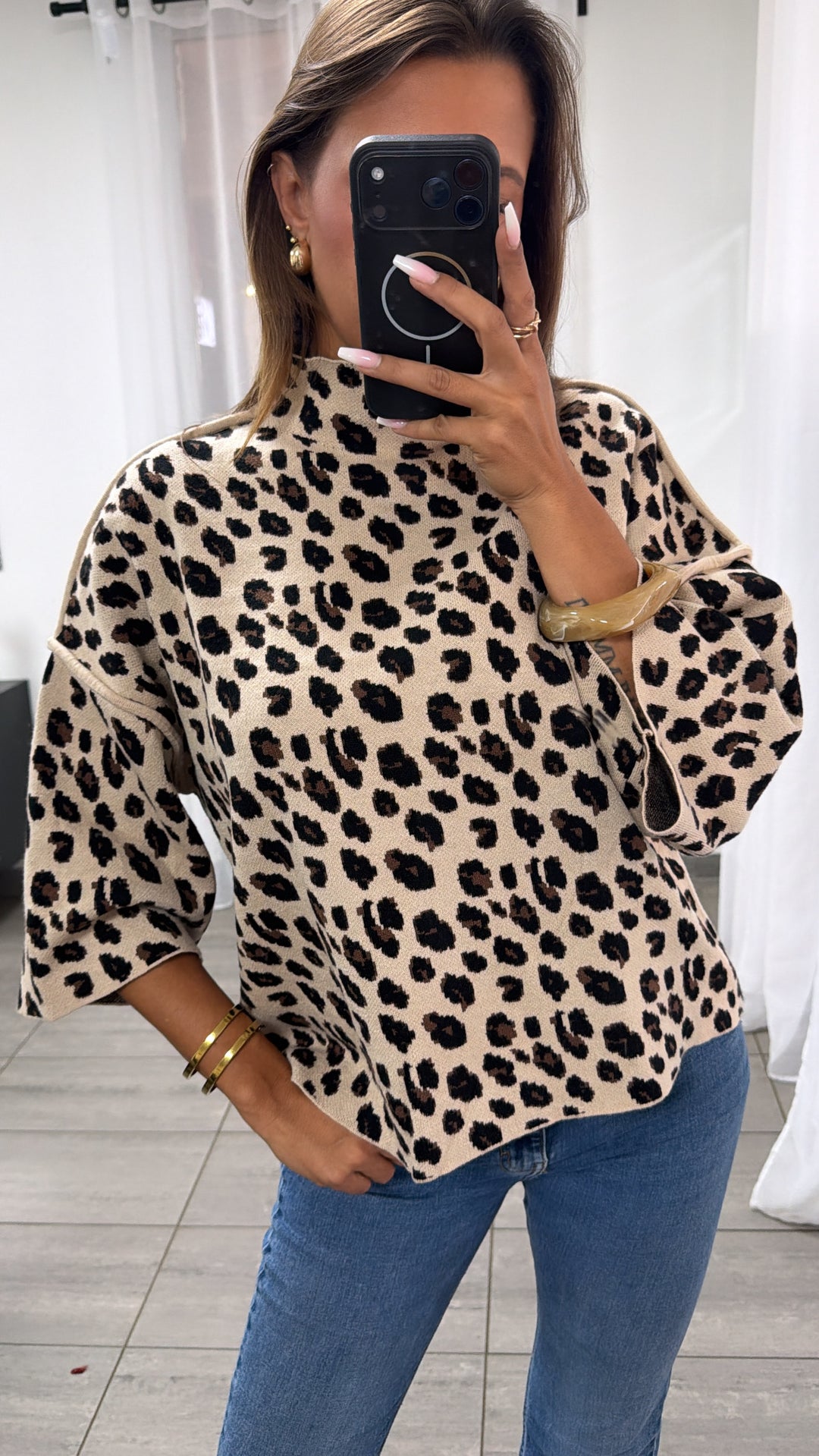 Stylischer Leo Pullover mit Stehkragen / beige - schwarz - braun Art.16331